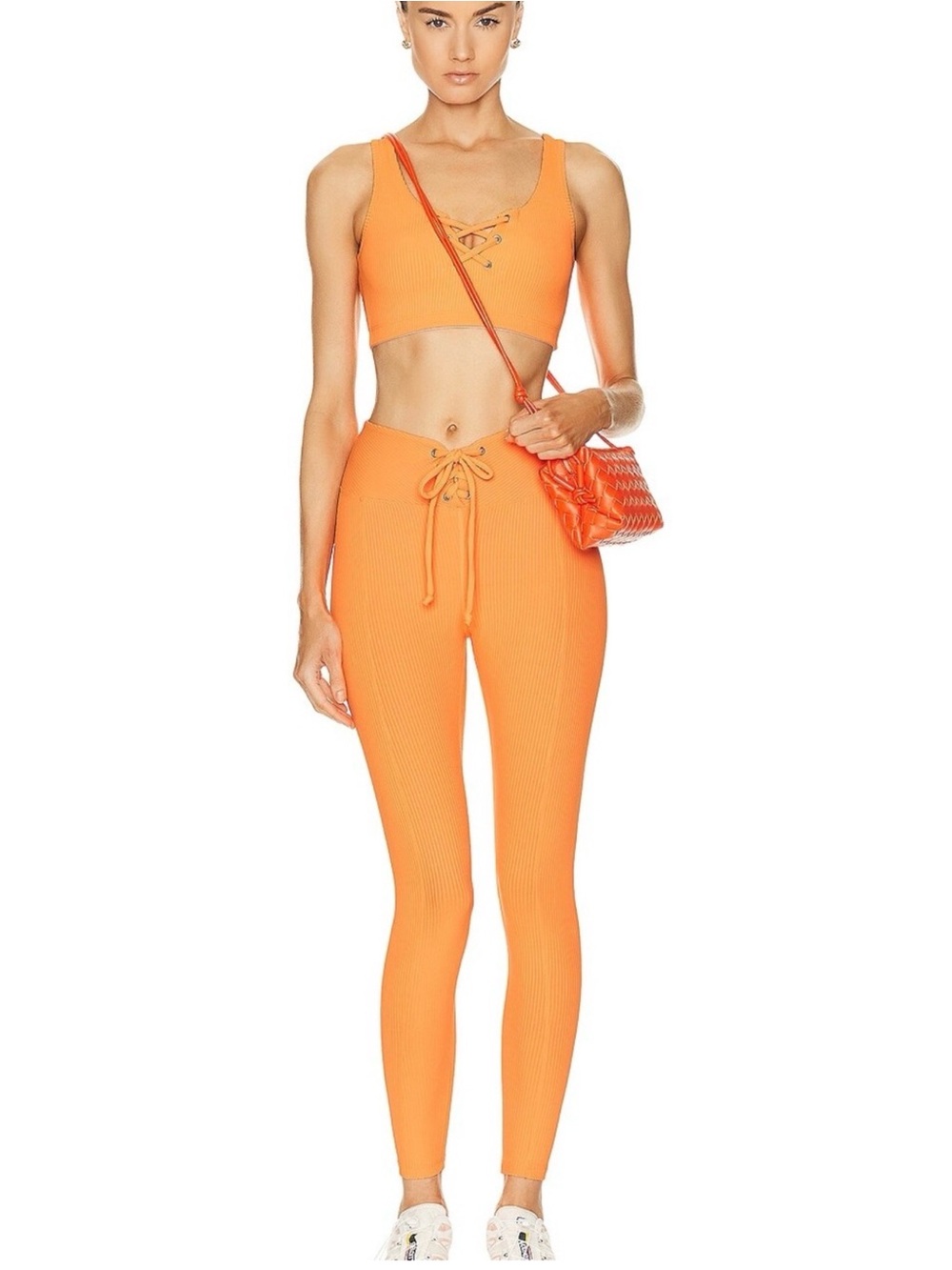 Year of Ours Orange Ribbed Lace-Up High-Rise Leggings Set